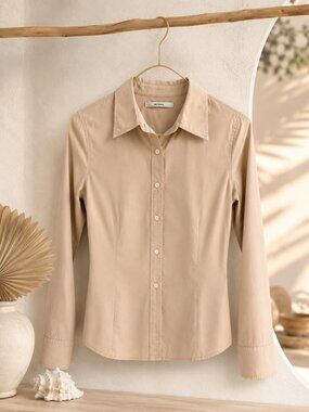Merona Beige Button Front Shirt Size S | Classic Tailored Long Sleeve Blouse